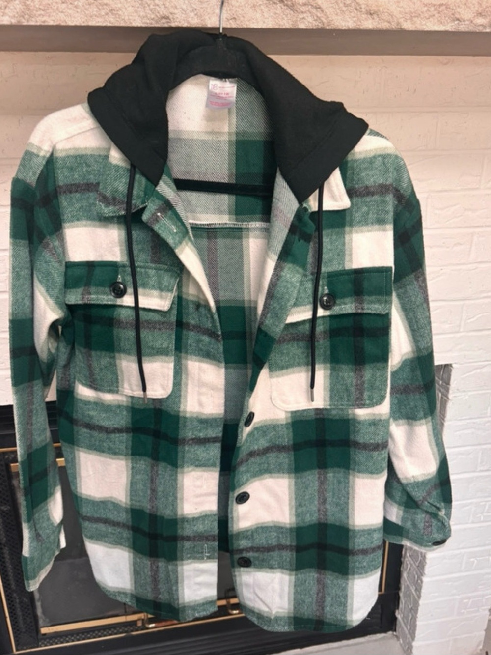 No Boundaries Green and White Plaid Hooded Shacket